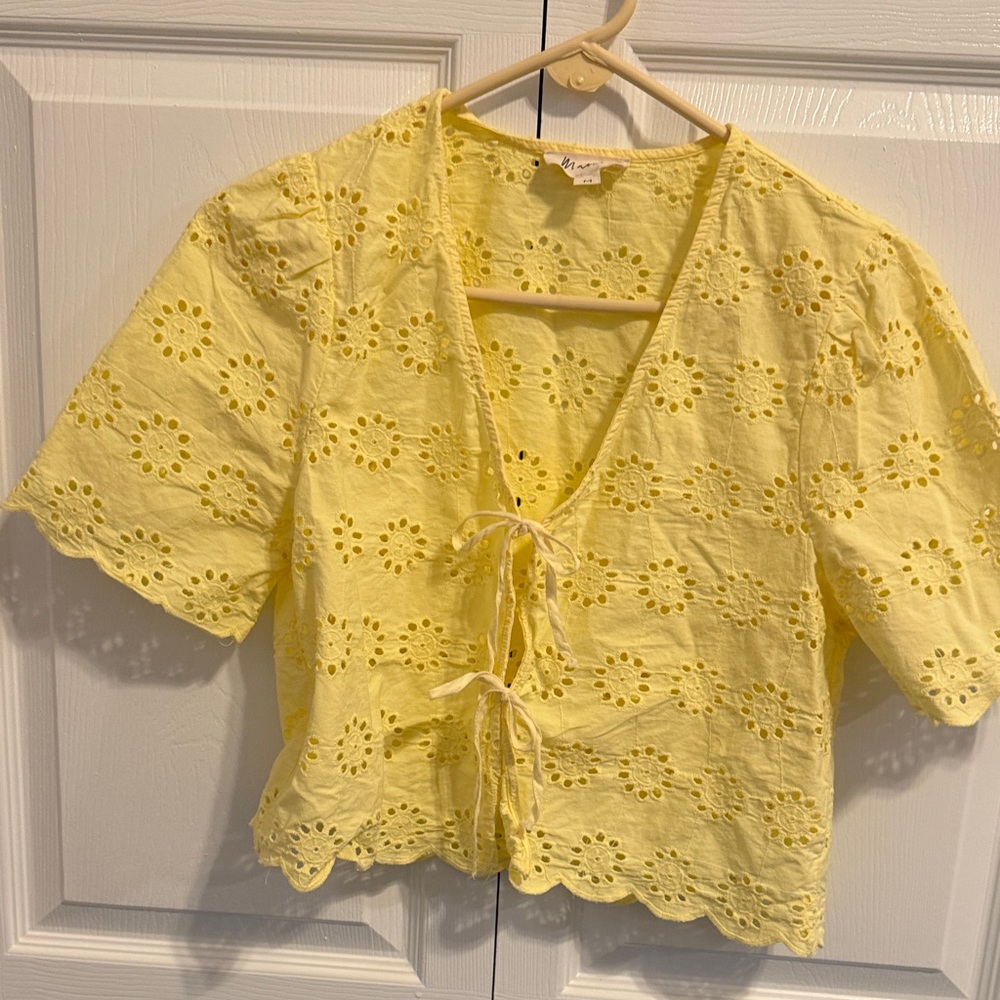 Marled Yellow Eyelet Tie-Front Blouse